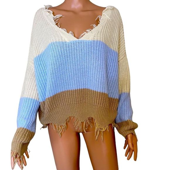 Polly & Esther Sweaters - Polly & Esther Sweater Women's Size M Multicolor color block knit frayed sweater